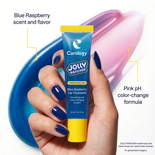This image ad for Curology promotes its limited edition Blue Raspberry Lip Treatment in collaboration with Jolly Rancher