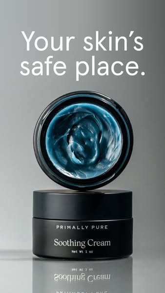 This image ad showcases a skincare product called "Soothing Cream" from Primally Pure. It is displayed against