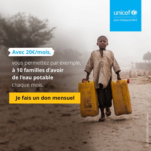This image ad is promoting UNICEF and asking for monthly donations. The ad features a young person carrying containers o