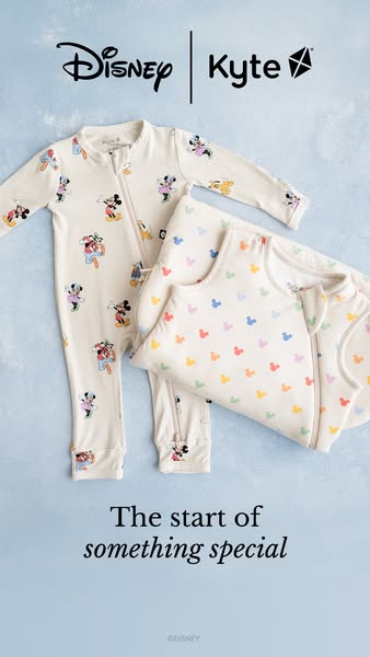 A product image ad for the Disney | Kyte Baby collaboration, featuring a light blue background and baby clothing with Di