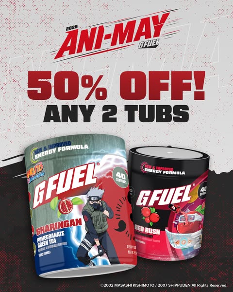 An advertisement for G FUEL energy formula highlighting a 50% off offer for any 2 tubs. The advertisement shows two of t