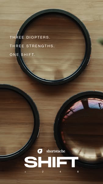 This ad promotes Shortstache's Shift variable diopter lens filters for smartphones. The image highlights that the pr
