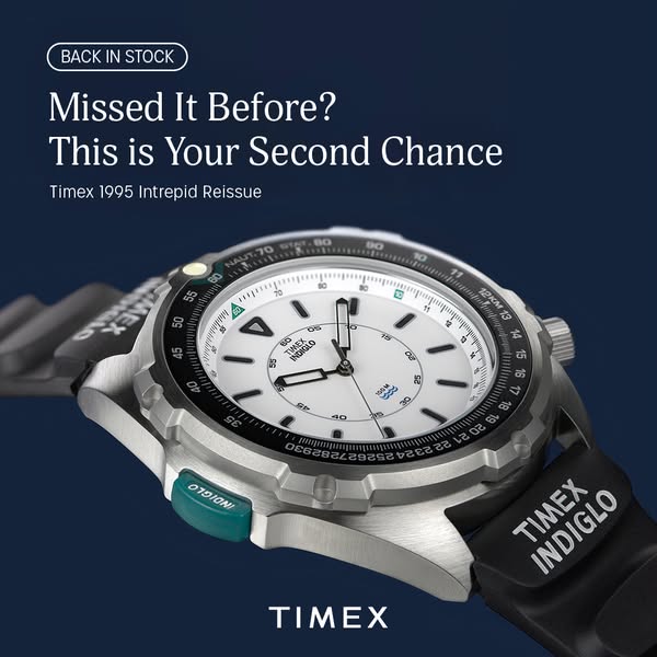 This is an image ad for the Timex 1995 Intrepid Reissue watch. The ad highlights that the watch is back in stock for a s