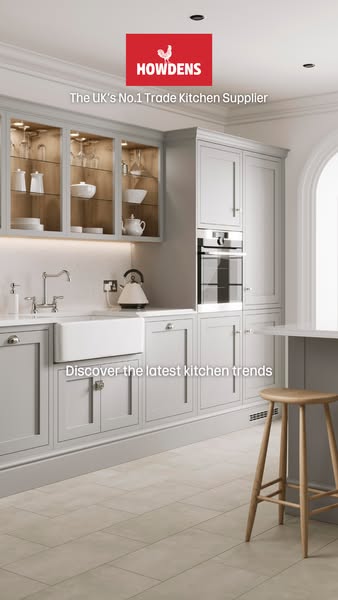 This image ad for Howdens promotes their kitchens by showcasing a modern kitchen design and positioning the brand as the