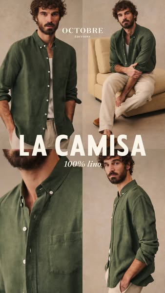 This ad showcases the brand Octobre Editions and their 100% linen shirt, highlighting the shirt's material and overa