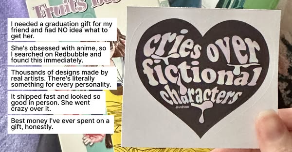 This ad shows a testimonial from someone who bought a sticker from Redbubble for a friend's graduation gift. The cus
