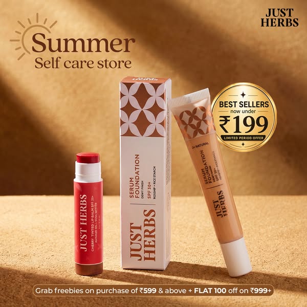 An ad for Just Herbs beauty products, featuring a serum foundation and tinted lip balm, highlighting their natural ingre