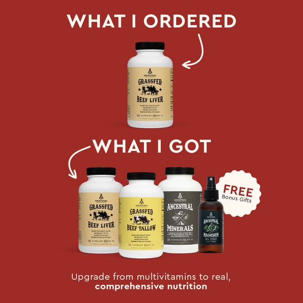 This image ad shows the Ancestral Supplements Beef Liver product in a product comparison to other products offered by th