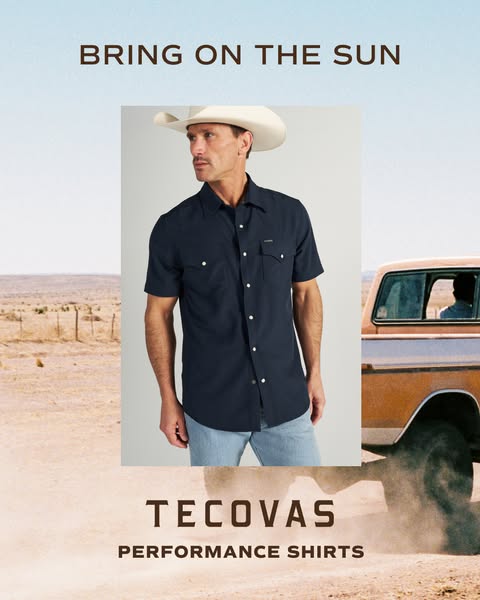 This ad features a man wearing a Tecovas Performance Shirt in a desert setting with a truck in the background. The ad pr