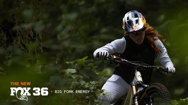 This ad showcases a mountain biker using FOX 36 bike fork during a ride through a forest. The visuals focus on the biker