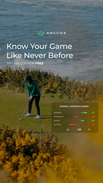 This ad shows a woman playing golf. A graphic displaying data about her golf game is overlaid on the screen.