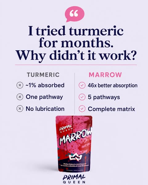 This image ad for Primal Queen Marrow positions it as a superior alternative to turmeric for joint support. It opens wit