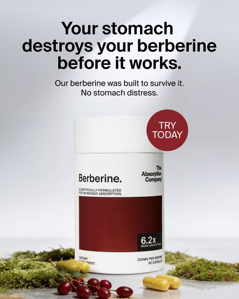 The ad highlights how normal berberine supplements are destroyed by stomach acid before they can work. It then introduce