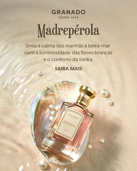 This ad for Granado's Madrepérola perfume uses an image of the bottle nestled within a pearlescent shell and surroun