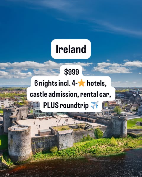 This image ad promotes a trip to Ireland. The ad shows a scenic shot of a castle under a blue, partly cloudy sky. The ad