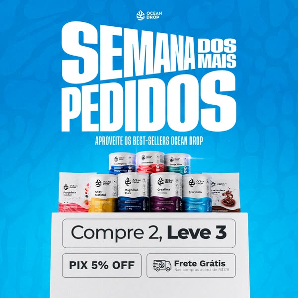This image ad from Ocean Drop promotes its best-selling supplements and offers a promotion: Buy 2, Get 3. It includes a 