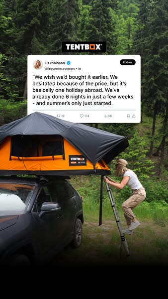 The ad features a screenshot of a tweet from a customer, Liz Robinson, expressing her satisfaction with the TentBox prod