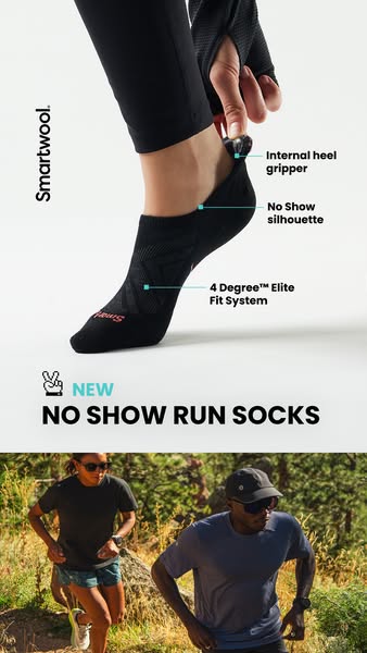 This ad showcases Smartwool's No Show Run Socks with feature callouts and a lifestyle shot of people running outdoor