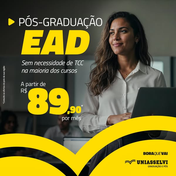This ad promotes post-graduate EAD (distance learning) courses from UNIASSELVI, highlighting the affordability (starting