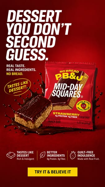 The ad promotes PB&J Mid-Day Squares as a guilt-free dessert alternative with real ingredients. It targets consumers
