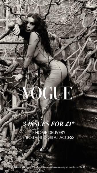 This black and white ad promotes a Vogue magazine subscription for a promotional price. It features a striking image of