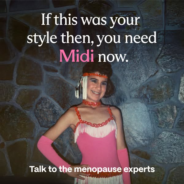 This ad uses a photo of a woman in a retro-style outfit to suggest that if this was your style then, you need Midi now. 