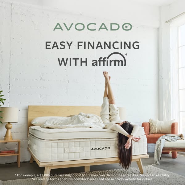 This image ad promotes Avocado mattresses and highlights their easy financing options with Affirm. The ad features a wom