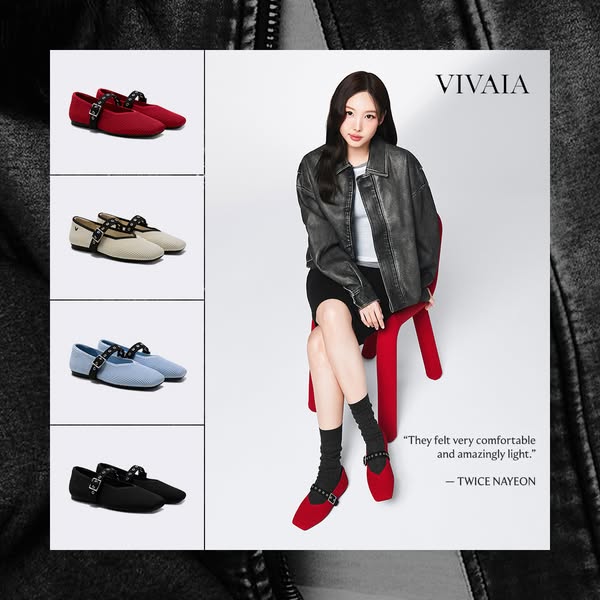 This ad for Vivaia shoes features an endorsement from Twice Nayeon, emphasizing the comfort and lightness of the shoes. 