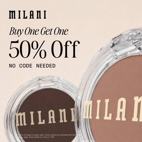 This ad showcases Milani pressed powder products and promotes a buy one get one 50% off sale.