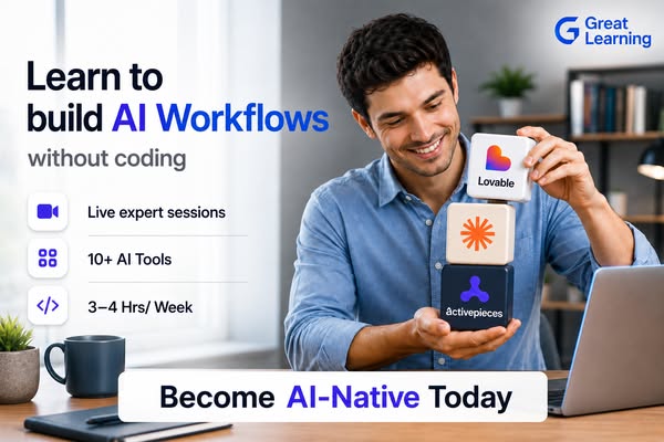 This is an advertisement for Great Learning, encouraging users to learn to build AI workflows without coding. The ad hig