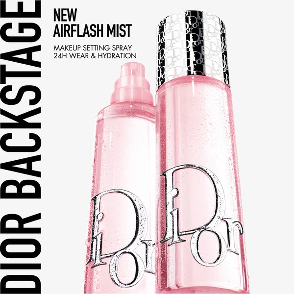 An ad for DIOR BACKSTAGE NEW AIRFLASH MIST Makeup Setting Spray, which offers 24H wear & hydration. The ad features 