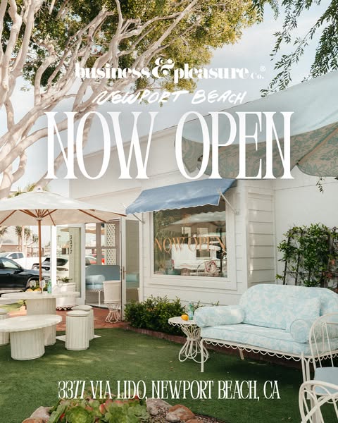 This image ad announces the grand opening of a Business & Pleasure Co. store in Newport Beach, CA. The ad features a