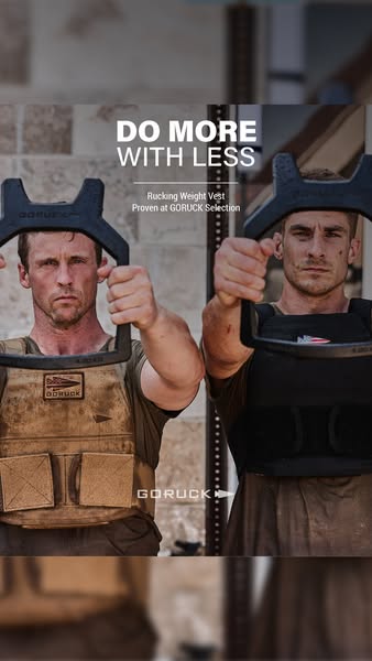 This image promotes the GORUCK Rucking Weight Vest. The ad features two people wearing weight vests and holding weight p