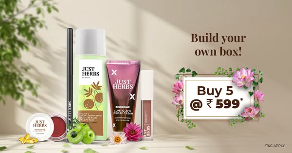 This image ad promotes Just Herbs products, highlighting the ability to build your own box of products and purchase 5 it