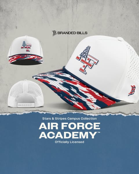 This ad features three views of a 'Branded Bills' baseball cap. The cap is white with a red, white, and blue des