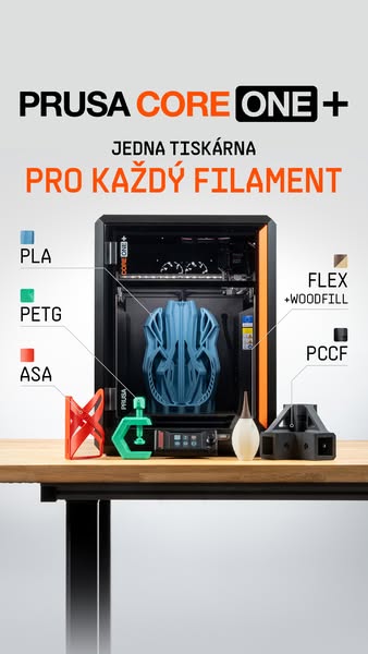 This image ad showcases the Prusa Core One+ 3D printer. The ad highlights its compatibility with a variety of filaments,