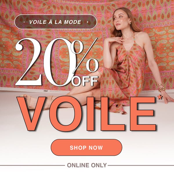 This ad features an image of a model wearing a patterned dress and advertises Voile À La Mode with a 20% off discount an