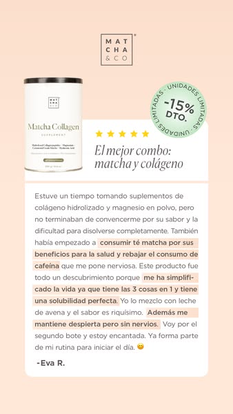 This image ad features a customer testimonial for Matcha & Co's Matcha Collagen supplement. The ad highlights th
