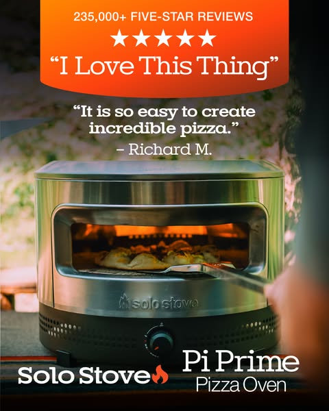 This ad highlights the Solo Stove Pi Prime Pizza Oven, featuring a glowing customer testimonial and visual demonstration