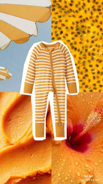 This image ad uses a creative collage to showcase the Sleepies Kids Zippy onesie in a summery context. The product is ce