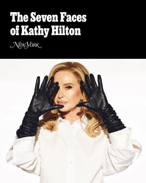 This ad features an image of Kathy Hilton wearing leather gloves and a white shirt against a white background, with a bl