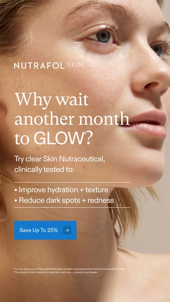 This ad for Nutrafol Skin promotes a Skin Nutraceutical that claims to improve hydration and texture, as well as reduce 