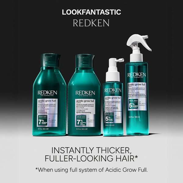 This image ad promotes Redken's Acidic Grow Full line, emphasizing the products' ability to create instantly thi