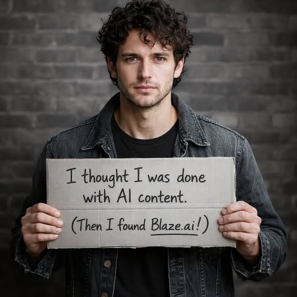 A man is shown holding a sign that states he is impressed by Blaze.ai after being disappointed with other AI content gen