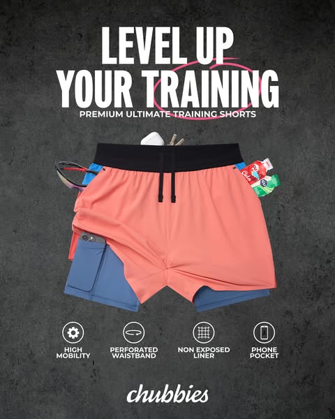 This image ad for Chubbies training shorts highlights key features like high mobility, perforated waistband, non-exposed