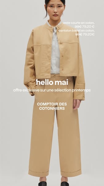 An ad for Comptoir des Cotonniers showcasing an exclusive offer on selected spring items. The ad features a model wearin