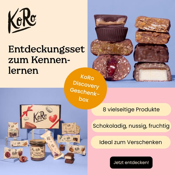 This image ad showcases the KoRo Discovery Gift Box. It is presented as an ideal gift with a variety of chocolate, nut, 
