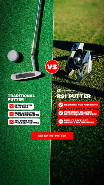 This ad uses a split screen to compare the traditional putter with the RS1 putter. On the left, the traditional putter i