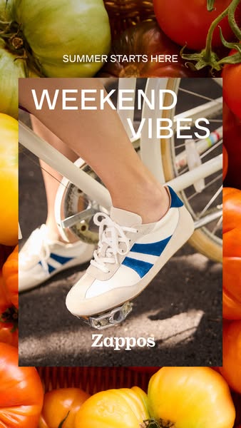 An image ad for Zappos featuring a person riding a bike with a pair of tennis shoes on. The ad focuses on a carefree sum
