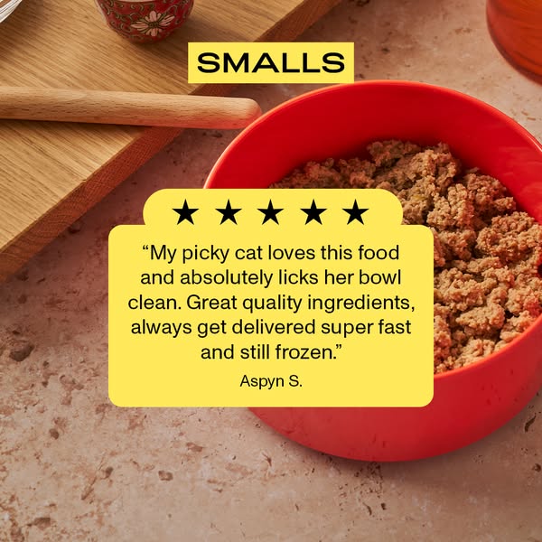 This ad features a positive testimonial from a customer who describes their 'picky cat' enjoying Smalls cat food